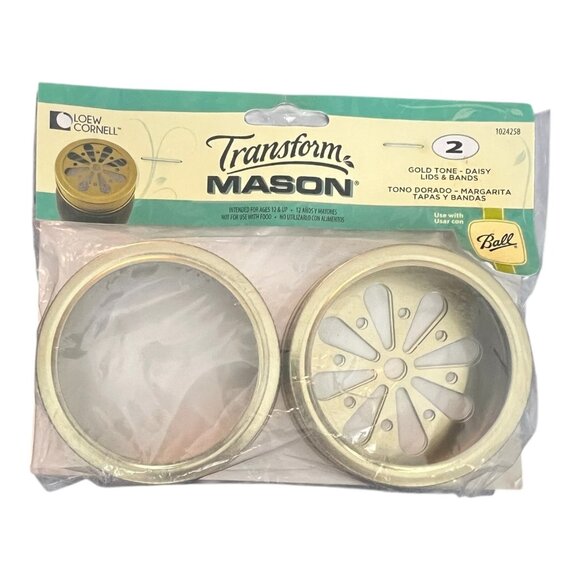 Transform Mason Ball Gold Tone Daisy Lids & Bands Pack Of 2 For Decorative Use - Picture 1 of 3